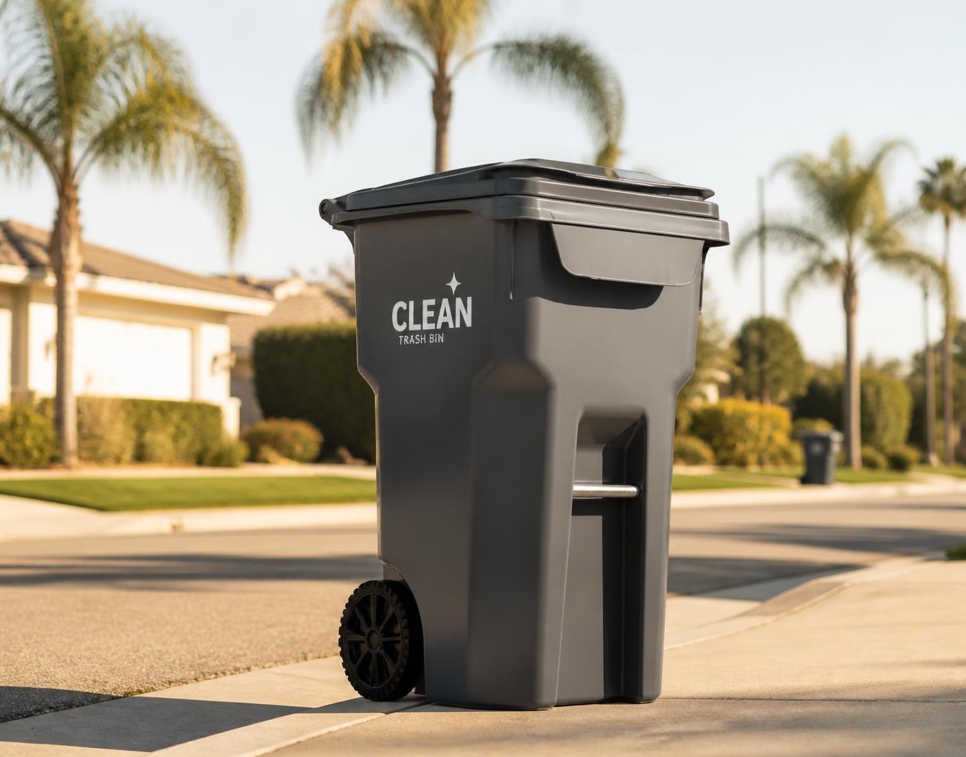 Freshly cleaned residential trash bin at the curb of a Los Angeles County home